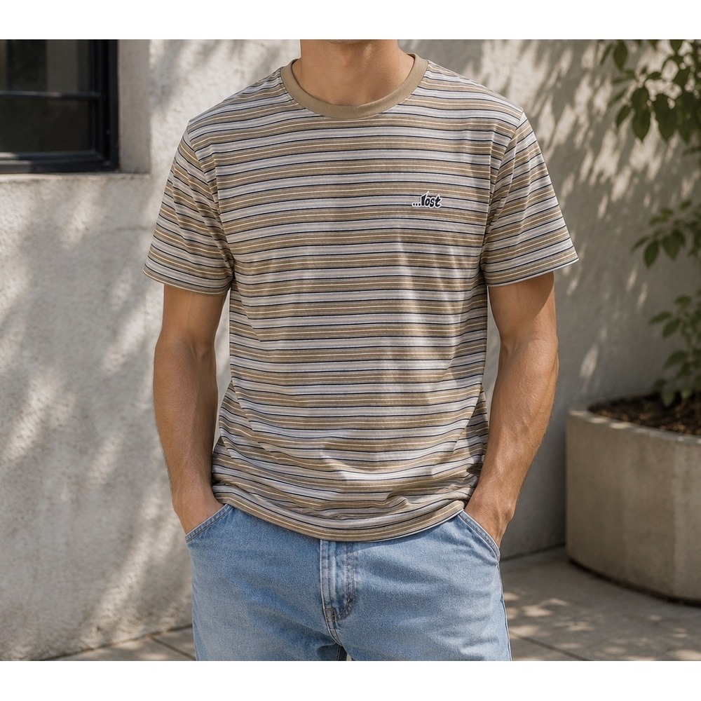 Lost Mens Striped Short Sleeve T-Shirt‎ Tan Brown Size Medium